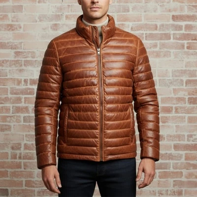 Puffer Jacket Quilted Down Bubble Coat Men’s Real Lambskin Leather, Warm Trendy - Image 1 of 4