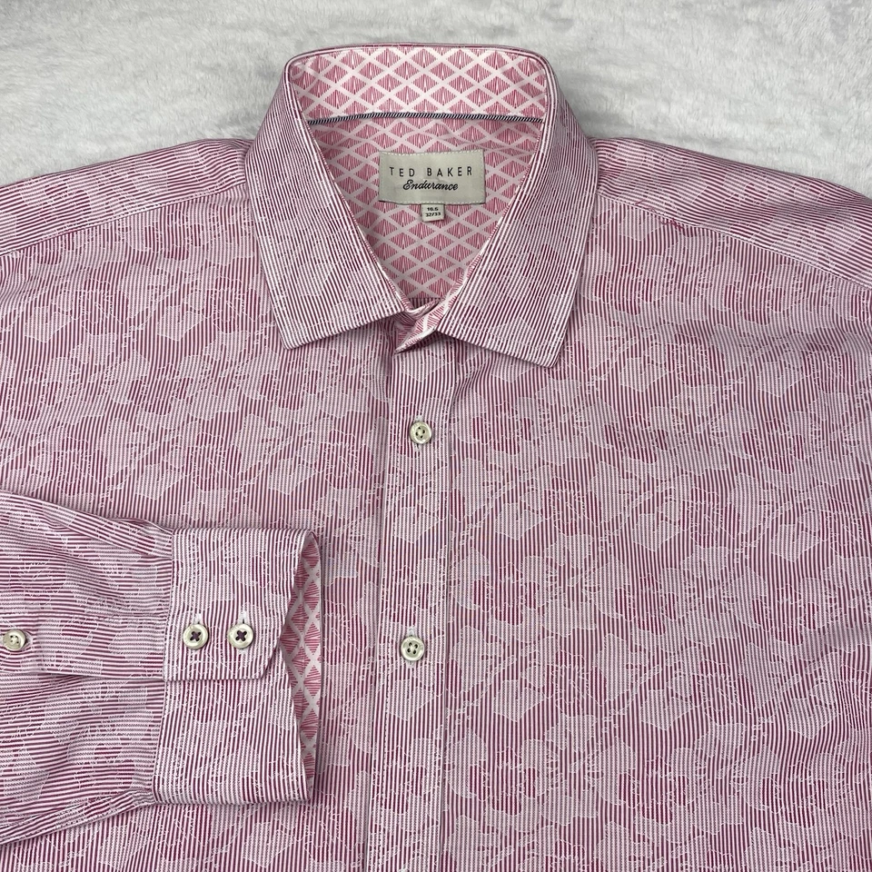 Camisa de vestir Ted Baker Endurance para hombre 16,5-32/33 rosa floral calce ajustado puños abatibles Foto 1 de 4