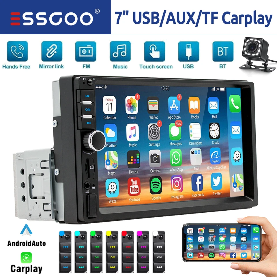 1 DIN Autoradio 7 Zoll Apple Carplay Android Auto Bluetooth USB AUX TF EQ Kamera - Bild 1 von 4