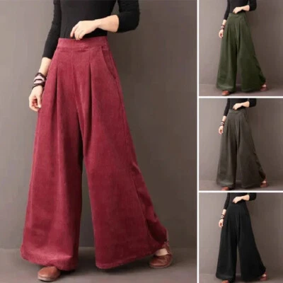 Pantalones acampanados de piernas anchas de pana culottes de cintura alta para mujer talla grande Foto 1 de 4