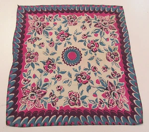 VINTAGE 1950s 60s SILK POLY SILK FLORAL HANDKERCHIEF TEAL PURPLE FUSCHIA - Picture 1 of 8