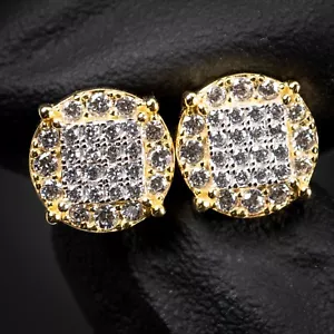 Gelbgold Sterlingsilber Iced Cz Herren Runde Hip Hop Ohrstecker - Bild 1 von 5