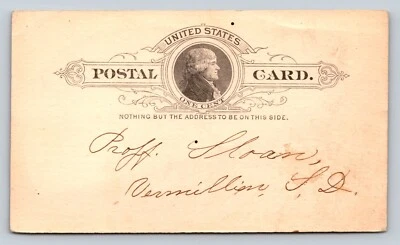 1886 UX9 US Postal Card Jefferson 1c VERMILLION South Dakota Unsent ~3x5" - Image 1 of 3