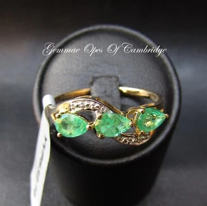 New 9ct Gold Emerald Pear cut Trilogy Twist Ring Size U 2.38g Hallmarked - Picture 1 of 10