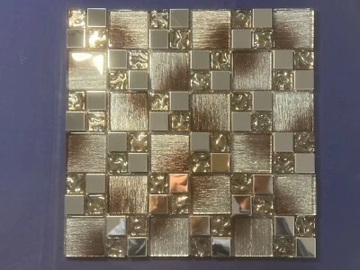 NY46 Silver Brown Gradient Glass/Metal Square Mosaic Tile Kitchen Bathroom 7 pcs - Image 1 of 4