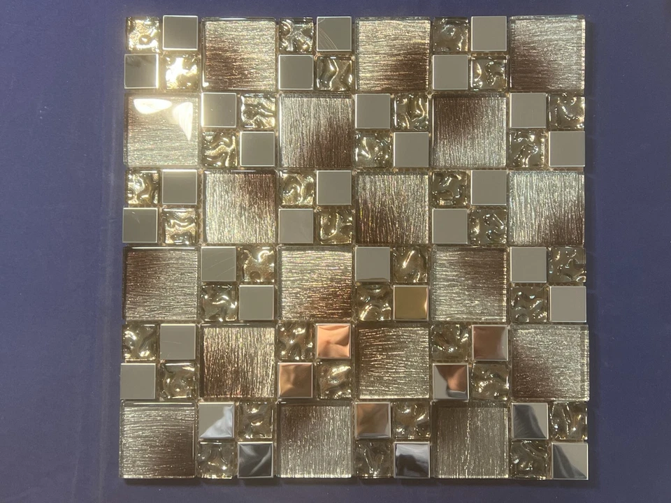 NY46 Silver Brown Gradient Glass/Metal Square Mosaic Tile Kitchen Bathroom 7 pcs - Image 1 of 4