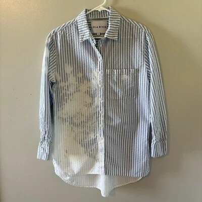 Camisa para mujer Lola River cambray azul blanqueado a rayas abotonada top pequeña Foto 1 de 4