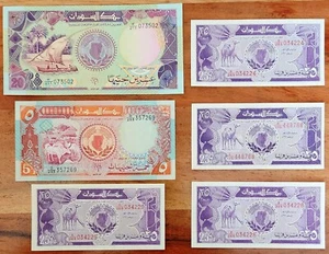Juego de 6 billetes de Sudán 1987 y 1991, 25 piastras a 20 libras, excelente estado - Imagen 1 de 2
