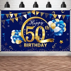 Blue Happy Birthday Banner Decorations for Men Blue Gold Birthday Backdrop Pa... - Picture 1 of 6