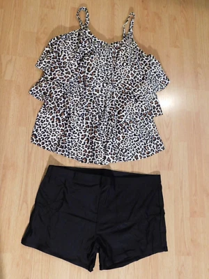 Tankini leopardo marrón, blanco, negro con volantes - 2XL - Ajustable Correas - Pantalones Cortos Niño NUEVO Foto 1 de 4