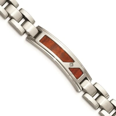 Stainless Steel Brushed & Polished w/ Wood Inlay and CZ Bracelet - Image 1 of 4