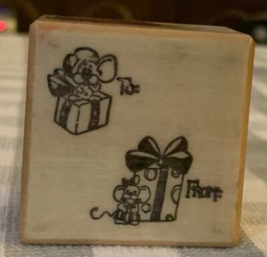 BEEINDRUCKENDE STEMPEL HOLZ montiert Gummistempel MÄUSE GESCHENKE Motiv SCRAPBOOKING UNBENUTZT - Bild 1 von 4