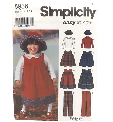 Simplicity 5936 Sewing Pattern Size 1/2 1 2 3 4 Jumper Pants Hat Top Toddlers - Image 1 of 4