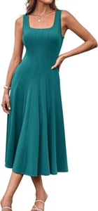 Damen Sommer Elegant Sommerkleid Ärmellos Eckiger Ausschnitt A-Linie Midi Plissee Kleid - Bild 1 von 5