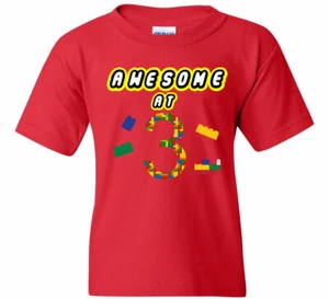 Awesome at 3, 3rd Birthday Boy Girl Shirt Building Block Construction T-Shirt - Picture 1 of 8