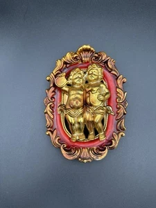 Vintage Porzellan Wandbehang gold & rot dekorativ verziert Cherubs Engel - Bild 1 von 9