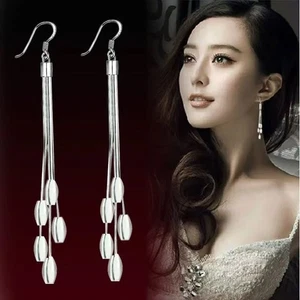 925 Sterling Silver Plated Tassel Ball Drop Beads Long Dangle Drop Hook Earrings - Picture 1 of 13