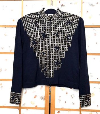 VTG St John Santana Knit Cardigan Gold Star Embellished Full Zip Navy Size 14 - Image 1 of 4