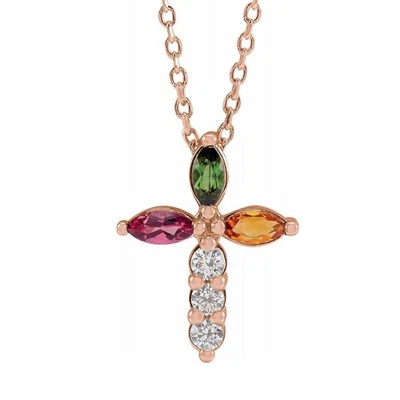 Collar Cruz Diamante Multi-Gemas Oro 14K y 1/10 CTW, 16-18 Pulgadas Foto 1 de 4