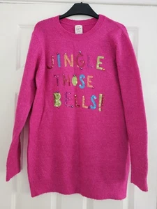 George Long Christmas Jumper With Bells In Pink Acrylic Mix - Size 12-14 - Picture 1 of 6