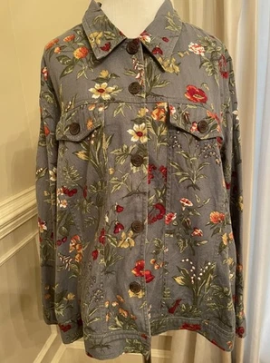 Green Floral Jacket, Lighter-Weight Denim, Size 1X, Feminine - Image 1 of 4