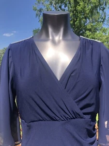 Camicia Prelude blu navy donna L top scintillante nuova con etichette blusa spalle Bling lucida USA - Foto 1 di 12