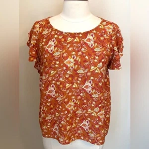 Cynthia Rowley Burnt Orange Floral Print Crew Neck Flutter Sleeves Top Size M - Picture 1 of 11