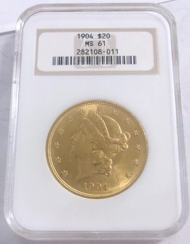 1904 $20 Liberty Head Gold Double Eagle Coin NGC MS61 Cover