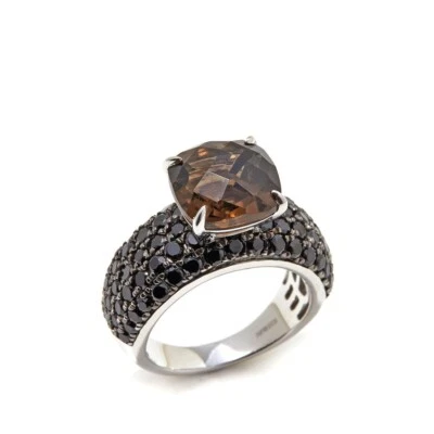 Anillo de sello pavé de espinela negra y cuarzo ahumado de plata de ley 925 rarezas talla 6 Foto 1 de 4