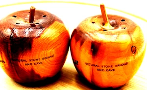 Vintage Wooden Apple Salt & Pepper Shakers Natural Stone Bridge & Cave Souvenir - Picture 1 of 11