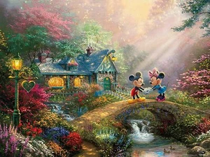 DISNEY THOMAS KINKADE 750 PC PUZZLE: MICKEY & MINNIE, SWEETHEART BRIDGE - Picture 1 of 3
