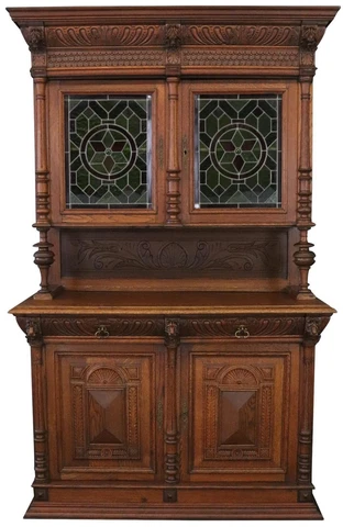 Buffet Mechelen Renaissance Antique 1890 Oak Wood Green Red Stained Glass Cover