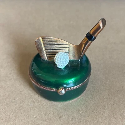 Vintage RUCINNI Enamel GOLF Trinket Box Desk Man Dad Gift Green Mini Ball Club Foto 1 de 4
