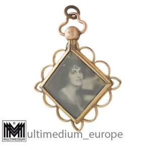 Jugendstil Double Gelbgold vergoldet Photo Anhänger Glas Dame Mädchen - Bild 1 von 3