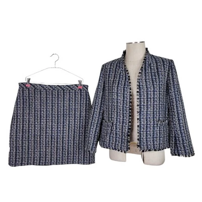 Traje Falda Ann Taylor Factory Tweed 12 Negro Tostado Flecos Borde Bolsillos Frente Abierto Foto 1 de 4