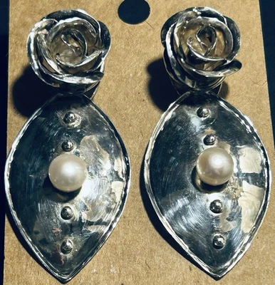 Vintage Artisan 950 Silver Rose And Leaf Earrings Cultured Pearl 2”x7/8” 13.44g - Image 1 of 4