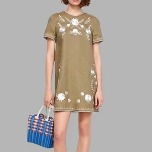 Zara Woman Olive Green Embroidered Floral Linen Blend Dress Medium - Foto 1 di 11