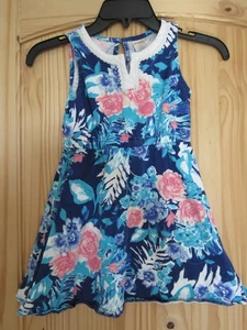Gymboree Kleid Mädchen 6 blau rosa Blumen ärmellos Fit & Flare Baumwolle Schlüsselloch - Bild 1 von 9
