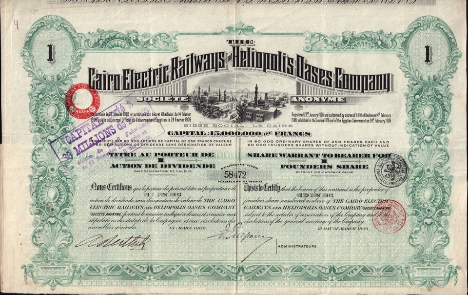 EGYPT Cairo Electric Railways & Heliopolis Oasis Company dd 1906 Foto 1 de 1