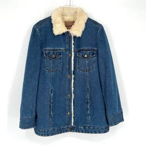 Vtg Liz Claiborne Trucker Jacket Womens L Denim Sherpa Long Boho Barn Coat - Picture 1 of 8