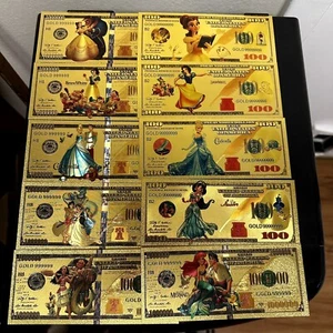 24k Gold Foil Plated Disney Princess Banknote Set Collectible - Picture 1 of 11