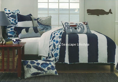 ☆ MARINE LIFE ☆ Full/Queen Quilt Sharks Whales Fish Boat House Stripes Striped - Image 1 of 4