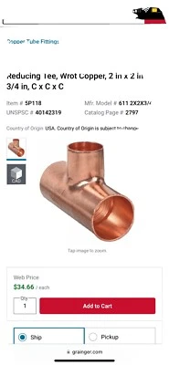 NIBCO 2x2x3/4 Wrot Copper Pressure Sweat Solder Reducing Tee 611R 2" x 2" x 3/4" - Image 1 of 3