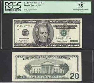 $20 1999 FRN Engraving Error District Designator Font Variance PCGS VF 35 - Picture 1 of 1