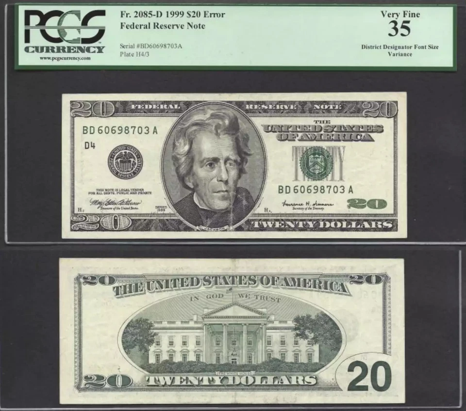 $20 1999 FRN Engraving Error District Designator Font Variance PCGS VF 35 - Image 1 of 1