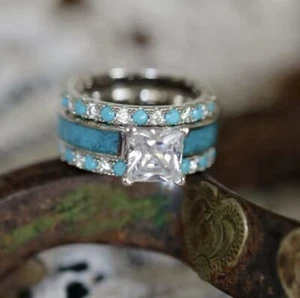3 Piece Fashionable Ring Set With Turquoise Accents Size 5 - Picture 1 of 1
