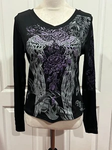 Women Top Shirt Black w/Purple Feather Graphic Vintage like Design Y2k Sz XL - Picture 1 of 8