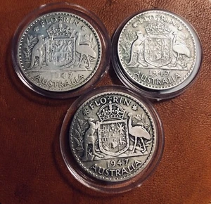 3 X Australia 1947 FLORIN GEORGE VI (50.0% SILVER) EF CV=$51 - Picture 1 of 3