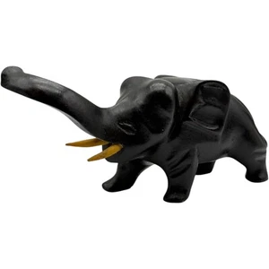Wooden Elephant Figurine Hand Carved Trunk Up Good Luck Decor Statue - Picture 1 of 9