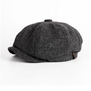 Gray Peaky Blinders Hat Newsboy Flat Cap Herringbone Tweed Wool Baker Boy - Picture 1 of 2